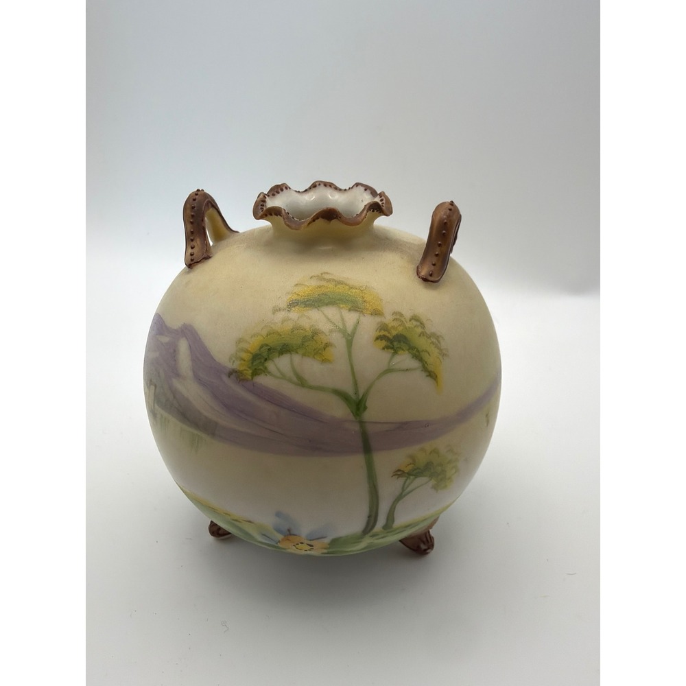Antique Nippon Hand Painted Porcelain Tripod Vase Landscape Moriage 4 Inch